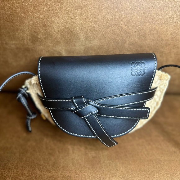 LOEWE Calfskin Raffia Mini Gate Crossbody Bag Natural Black - Picture 2 of 12